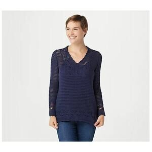 LAURIE FELT NEW $77 Crochet V-Neck Sweater w/ Tank‎ in Navy XXS